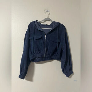 Navy corduroy cropped zip up hoodie with front pockets. Size Large shacket